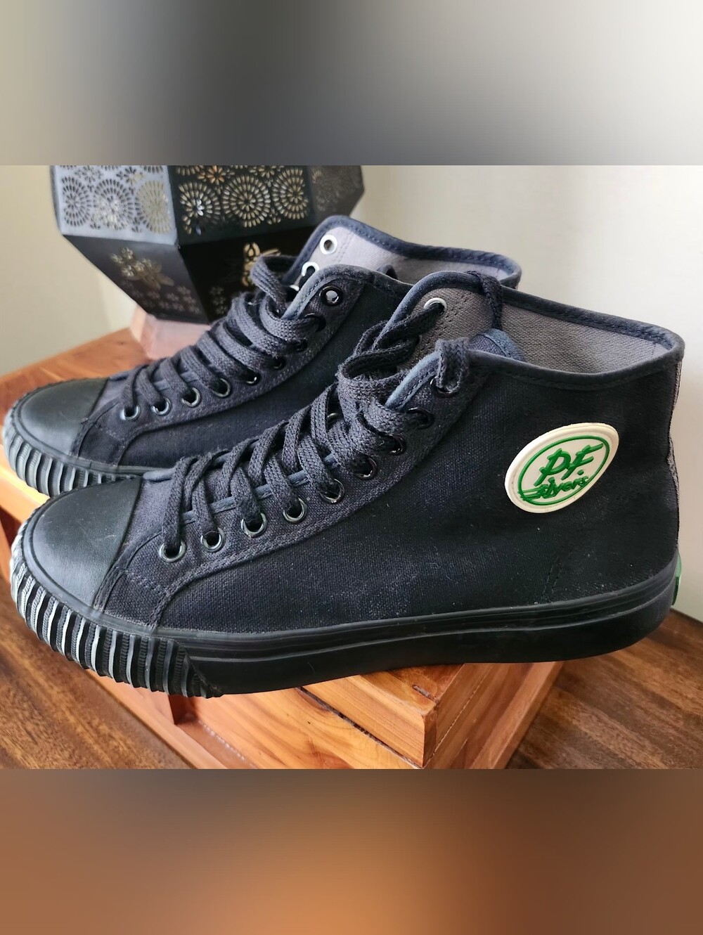 P.F. Flyers Men’s Black High-Top Canvas Sneakers with Green Logo Men's 8.5